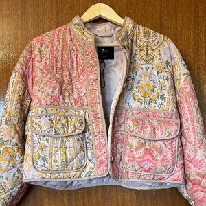 7 For All Mankind Quilted Floral Cropped Jacket - Pink & Yellow